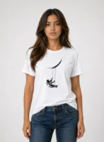 Astronot Ay Temalı Tişört Kısa Kol Yazlık Bisiklet Yaka T-Shirt - Beyaz - Görsel 3