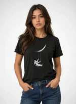Astronot Ay Temalı Tişört Kısa Kol Yazlık Bisiklet Yaka T-Shirt - Siyah - Görsel 2