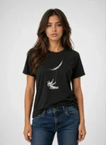 Astronot Ay Temalı Tişört Kısa Kol Yazlık Bisiklet Yaka T-Shirt - Siyah - Görsel 3