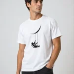 Erkek Astronot Ay Temalı Tişört Kısa Kol Yazlık Bisiklet Yaka T-Shirt - Beyaz