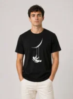 Erkek Astronot Ay Temalı Tişört Kısa Kol Yazlık Bisiklet Yaka T-Shirt - Siyah - Görsel 2