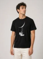 Erkek Astronot Ay Temalı Tişört Kısa Kol Yazlık Bisiklet Yaka T-Shirt - Siyah - Görsel 3