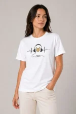 Müzik Temalı Baskılı Tişört Bisiklet Yaka Kısa Kol T-Shirt - Beyaz