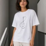 Minimal Gitar Baskılı Tişört T-Shirt Yazlık Kısa Kol Bisiklet Yaka T-Shirt  - Beyaz