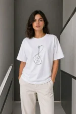 Minimal Gitar Baskılı Tişört T-Shirt Yazlık Kısa Kol Bisiklet Yaka T-Shirt  - Beyaz - Görsel 2