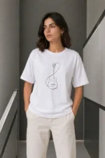 Minimal Gitar Baskılı Tişört T-Shirt Yazlık Kısa Kol Bisiklet Yaka T-Shirt  - Beyaz - Görsel 3