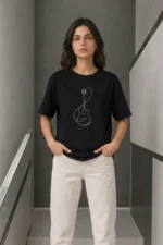 Minimal Gitar Baskılı Tişört T-Shirt Yazlık Kısa Kol Bisiklet Yaka T-Shirt - Siyah - Görsel 2