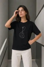 Minimal Gitar Baskılı Tişört T-Shirt Yazlık Kısa Kol Bisiklet Yaka T-Shirt - Siyah - Görsel 3