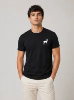 Erkek Minimal Geyik Logolu Tişört Bisiklet Yaka Kısa Kol Yazlık T-Shirt - Siyah