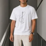 Erkek Minimal Gitar Baskılı Tişört T-Shirt Yazlık Kısa Kol Bisiklet Yaka T-Shirt - Beyaz