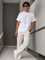 Erkek Minimal Gitar Baskılı Tişört T-Shirt Yazlık Kısa Kol Bisiklet Yaka T-Shirt - Beyaz - Görsel 2