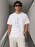 Erkek Minimal Gitar Baskılı Tişört T-Shirt Yazlık Kısa Kol Bisiklet Yaka T-Shirt - Beyaz - Görsel 3