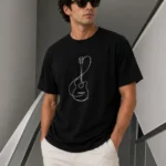 Erkek Minimal Gitar Baskılı Tişört T-Shirt Yazlık Kısa Kol Bisiklet Yaka T-Shirt - Siyah