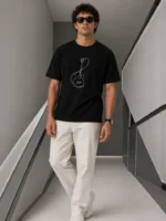 Erkek Minimal Gitar Baskılı Tişört T-Shirt Yazlık Kısa Kol Bisiklet Yaka T-Shirt - Siyah - Görsel 2