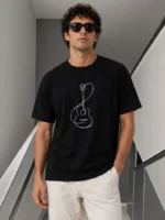 Erkek Minimal Gitar Baskılı Tişört T-Shirt Yazlık Kısa Kol Bisiklet Yaka T-Shirt - Siyah - Görsel 3