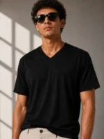 Erkek V Yaka Basic Tişört Kısa Kol Yazlık Regular Fit T-Shirt - Siyah