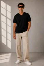 Erkek V Yaka Basic Tişört Kısa Kol Yazlık Regular Fit T-Shirt - Siyah - Görsel 2