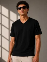 Erkek V Yaka Basic Tişört Kısa Kol Yazlık Regular Fit T-Shirt - Siyah - Görsel 3