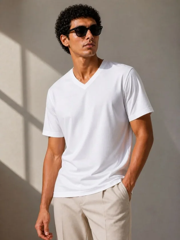 Erkek V Yaka Basic Tişört Kısa Kol Yazlık Regular Fit T-Shirt - Beyaz Erkek V Yaka Basic Tişört Kısa Kol Yazlık Regular Fit T-Shirt - Beyaz - Görsel 1