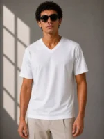 Erkek V Yaka Basic Tişört Kısa Kol Yazlık Regular Fit T-Shirt - Beyaz - Görsel 2