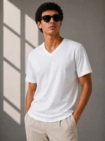 Erkek V Yaka Basic Tişört Kısa Kol Yazlık Regular Fit T-Shirt - Beyaz - Görsel 3