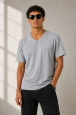 Erkek V Yaka Basic Tişört Kısa Kol Yazlık Regular Fit T-Shirt - Gri - Görsel 2