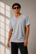 Erkek V Yaka Basic Tişört Kısa Kol Yazlık Regular Fit T-Shirt - Gri - Görsel 3
