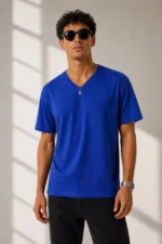 Erkek V Yaka Basic Tişört Kısa Kol Yazlık Regular Fit T-Shirt - Saks Mavisi - Görsel 2