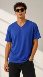 Erkek V Yaka Basic Tişört Kısa Kol Yazlık Regular Fit T-Shirt - Saks Mavisi - Görsel 3