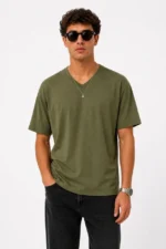 Erkek V Yaka Basic Tişört Kısa Kol Yazlık Regular Fit T-Shirt - Haki - Görsel 2