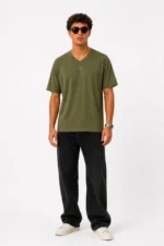 Erkek V Yaka Basic Tişört Kısa Kol Yazlık Regular Fit T-Shirt - Haki - Görsel 3