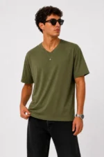 Erkek V Yaka Basic Tişört Kısa Kol Yazlık Regular Fit T-Shirt - Haki - Görsel 4