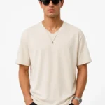 Erkek V Yaka Basic Tişört Kısa Kol Yazlık Regular Fit T-Shirt - Bej