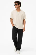 Erkek V Yaka Basic Tişört Kısa Kol Yazlık Regular Fit T-Shirt - Bej - Görsel 2