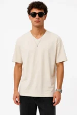 Erkek V Yaka Basic Tişört Kısa Kol Yazlık Regular Fit T-Shirt - Bej - Görsel 3