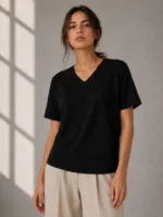 V Yaka Basic Tişört Kısa Kol Yazlık Regular Fit T-Shirt - Siyah - Görsel 2
