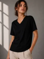V Yaka Basic Tişört Kısa Kol Yazlık Regular Fit T-Shirt - Siyah - Görsel 3