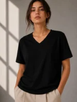 V Yaka Basic Tişört Kısa Kol Yazlık Regular Fit T-Shirt - Siyah - Görsel 4