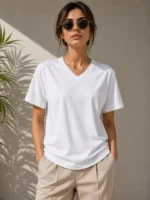 V Yaka Basic Tişört Kısa Kol Yazlık Regular Fit T-Shirt - Beyaz - Görsel 2