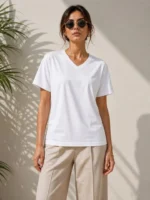 V Yaka Basic Tişört Kısa Kol Yazlık Regular Fit T-Shirt - Beyaz - Görsel 3