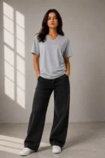 V Yaka Basic Tişört Kısa Kol Yazlık Regular Fit T-Shirt - Gri - Görsel 2