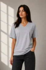 V Yaka Basic Tişört Kısa Kol Yazlık Regular Fit T-Shirt - Gri - Görsel 3