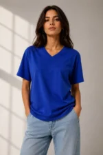 V Yaka Basic Tişört Kısa Kol Yazlık Regular Fit T-Shirt - Saks Mavisi - Görsel 2