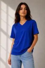 V Yaka Basic Tişört Kısa Kol Yazlık Regular Fit T-Shirt - Saks Mavisi - Görsel 3
