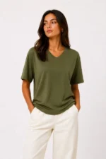 V Yaka Basic Tişört Kısa Kol Yazlık Regular Fit T-Shirt - Haki - Görsel 3