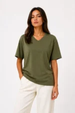V Yaka Basic Tişört Kısa Kol Yazlık Regular Fit T-Shirt - Haki - Görsel 4