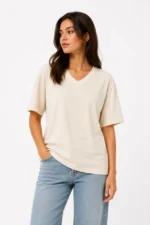 V Yaka Basic Tişört Kısa Kol Yazlık Regular Fit T-Shirt - Bej - Görsel 2