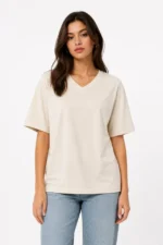 V Yaka Basic Tişört Kısa Kol Yazlık Regular Fit T-Shirt - Bej - Görsel 3