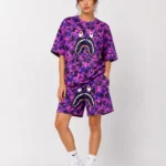 Oversize Kalıp Pubg Bape X Shark Nakışlı Cepli Şort Takım - Mor