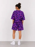 Oversize Kalıp Pubg Bape X Shark Nakışlı Cepli Şort Takım - Mor - Görsel 3